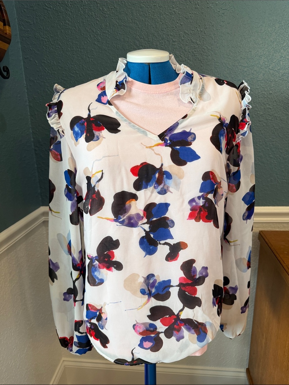 CAbi Floral Ruffle-Trim V-Neck Blouse - Light Pink with Blue & Black Accents